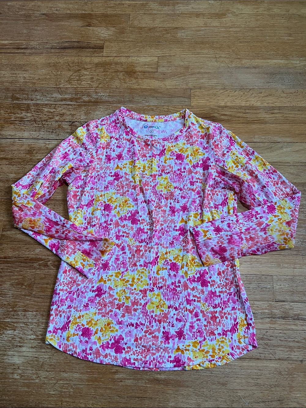 IBKUL Crew Neck Long Sleeve Mesh Top Pink Yellow Abstract Print size s